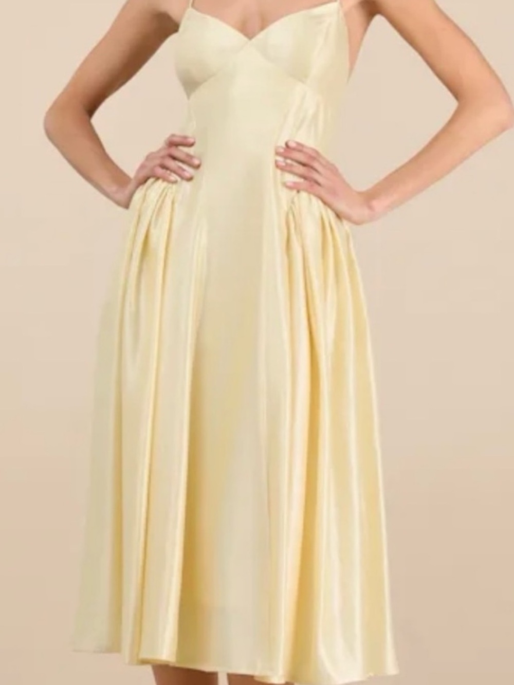 Elegant Pale Yellow Midi Dress with Spaghetti Straps - Picture 4 of 8